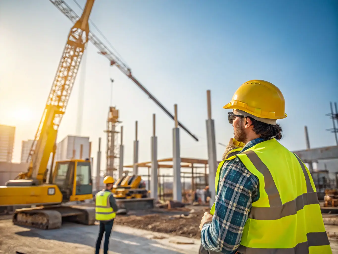 A modern villa under construction with workers and machinery on site, showcasing KB Master's residential construction capabilities.