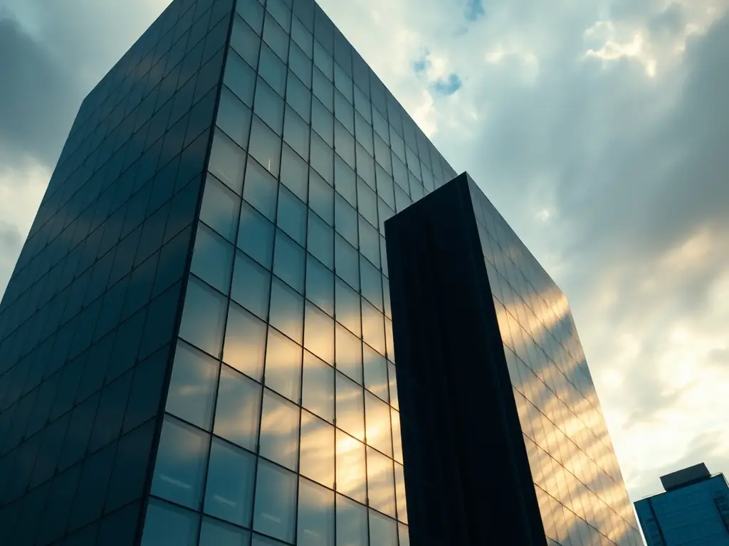 A commercial office building with glass facades and an active construction site, representing KB Master's commercial construction projects.