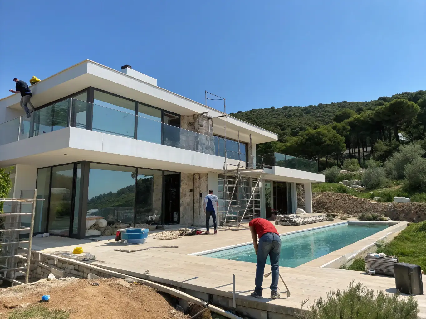 A modern villa under construction in a lush Mauritian setting, showcasing the architectural planning and villa construction services offered by KB Master.