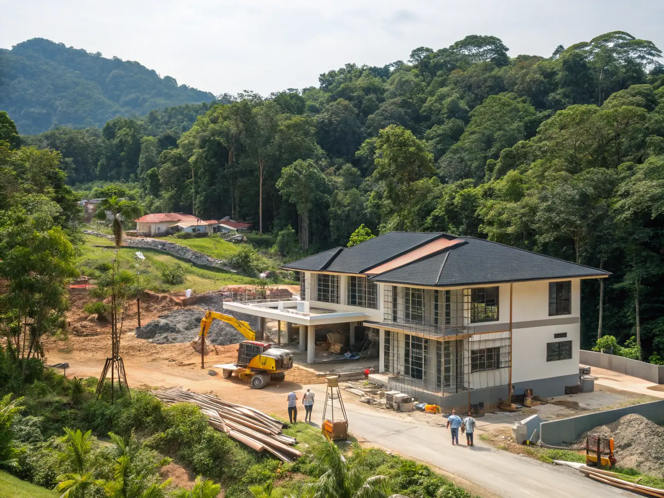 A modern villa under construction in Mauritius, showcasing KB Master's expertise in residential building. The villa features clean lines, large windows, and a lush tropical garden, emphasizing luxury and sustainability.