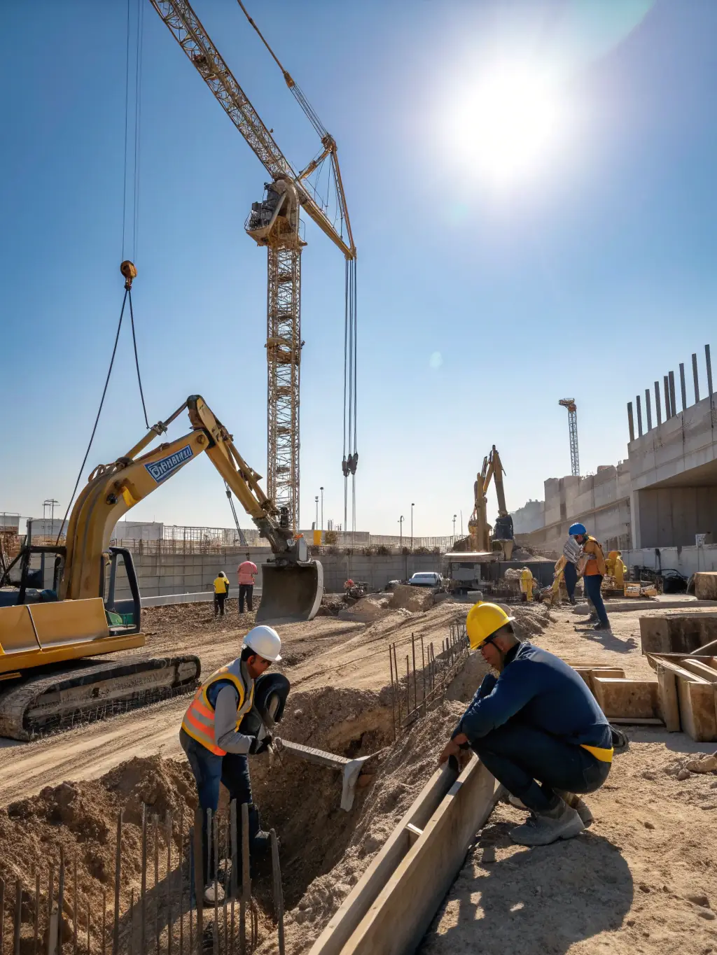 A wide shot of a KB Master site development team using heavy machinery to level a plot of land in Mauritius, preparing it for construction, under a clear blue sky.