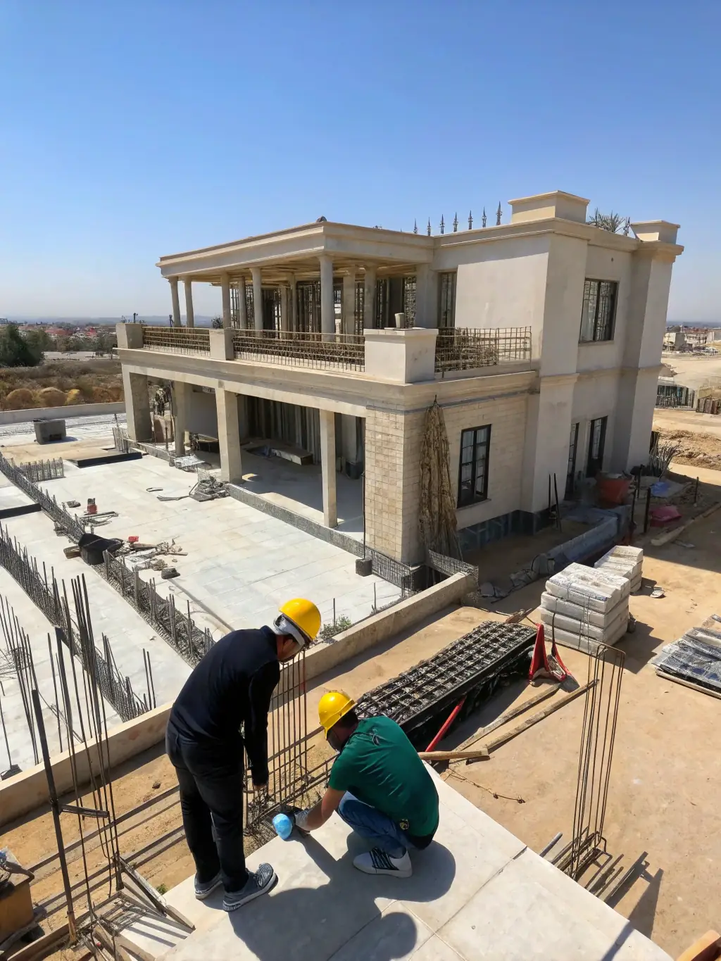 A high-angle, medium shot of a KB Master architect reviewing blueprints on a construction site in Mauritius, with a half-constructed villa in the background, bathed in the warm morning light.